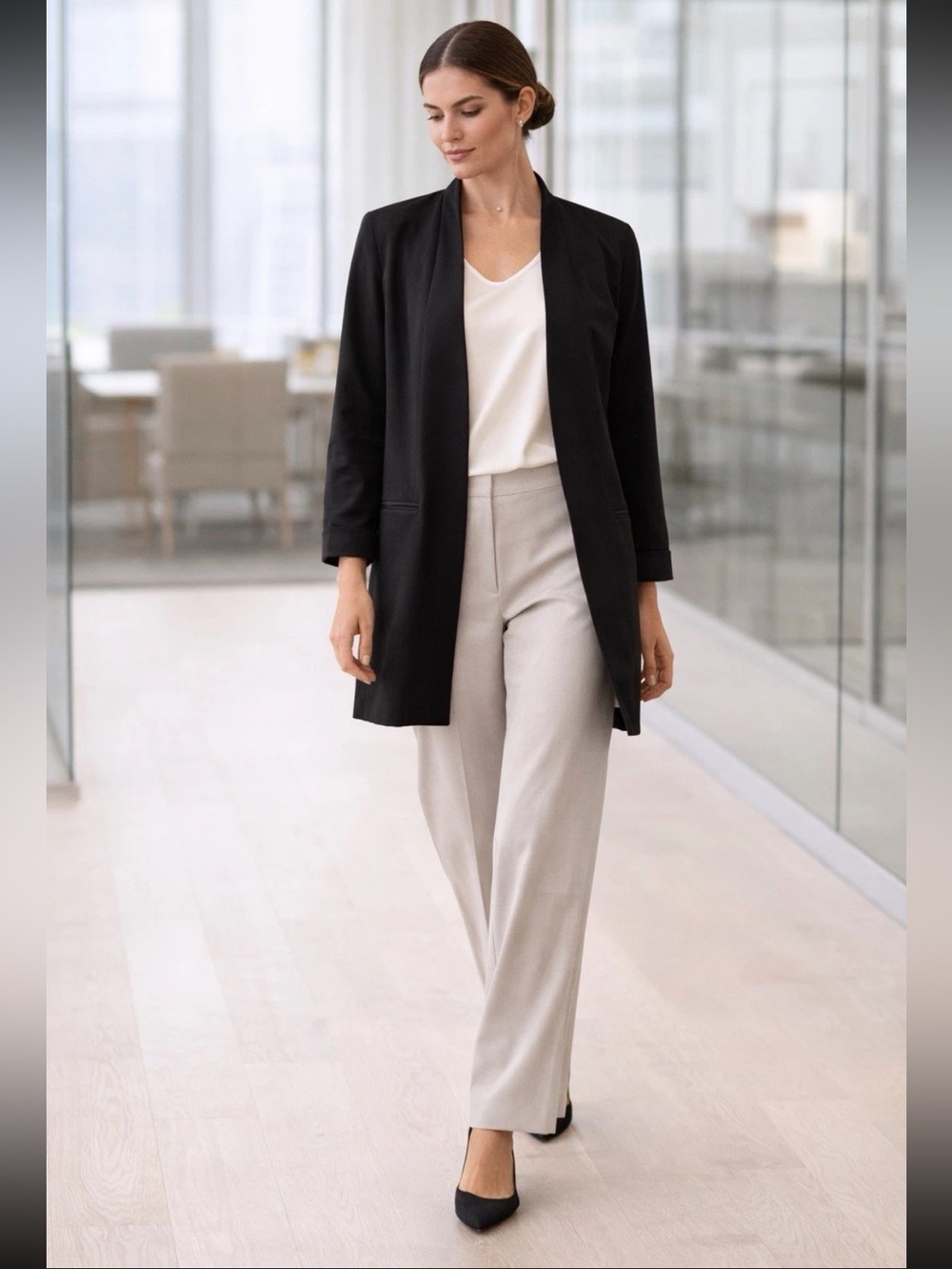 Eileen Fisher Black Silk Lined Open Front Minimalist Pocket Long Blazer Size 12